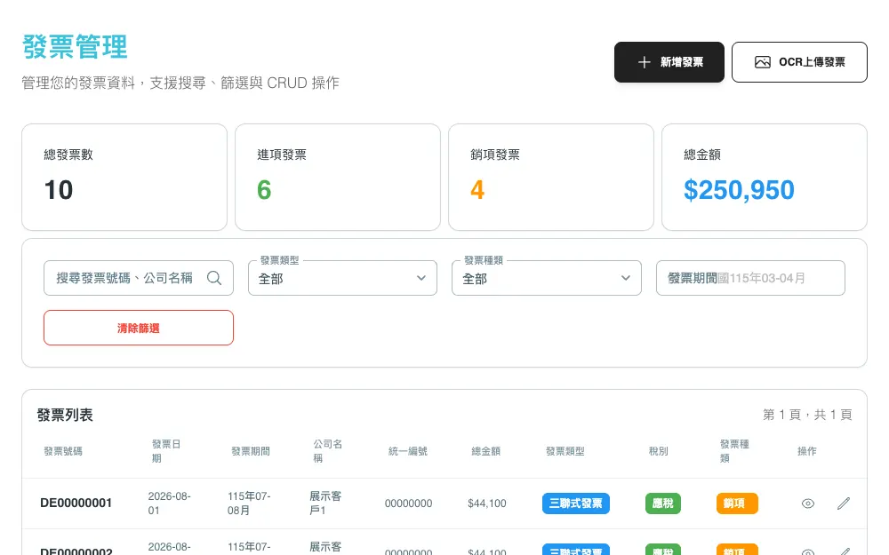 SmartTaxer 發票管理:進項、銷項張數與總金額(展示資料)