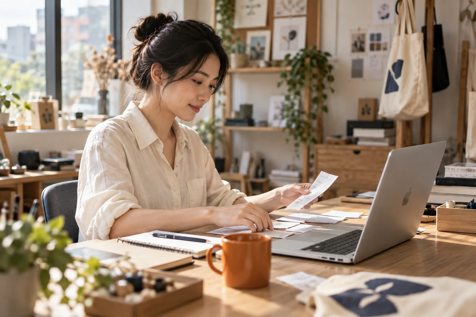 店主在桌前整理發票，身旁放著 MacBook